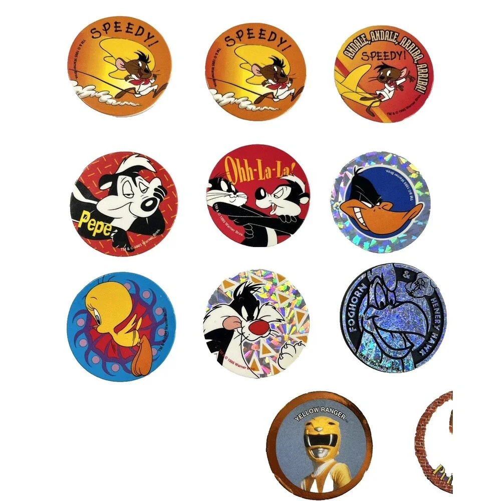 Lot Of 18 Pogs Milk Caps Vintage 1995 Looney Tunes, Power Rangers, Snoopy & More